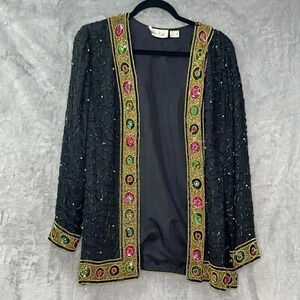 VTG Laurence Kazar Silk Jacket Womens M Black Beads sequins Colorful Cocktail‎
